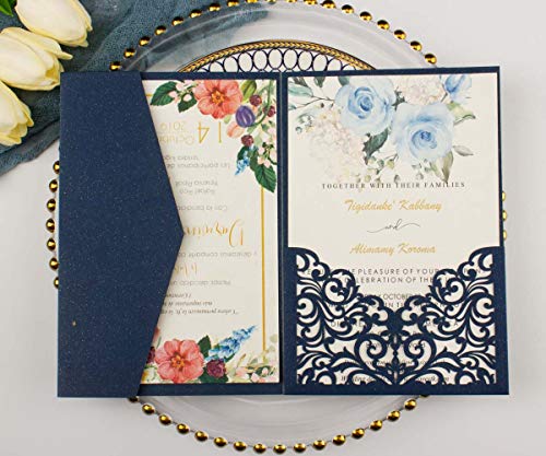 25 sets 5X7 250GSM Pearl Navy Blue Tri Fold Wedding Invitations Cards With Envelopes Inserts for Wedding Bridal Shower Birthday - Thumbnail 4