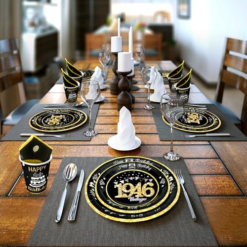 Image of 80th Birthday Decorations Black and Gold, Service for 30, Vintage 80th Birthday Party Supplies Includes Black Vintage 1946 Plates, Napkins, Cups, Plates and Napkins for Men Women