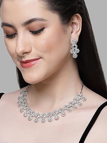 Image of Karatcart Silver Toned American Diamond Studded Jewellery Set for Women