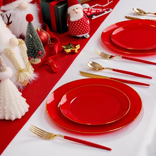 DaYammi 150Pcs Red Plastic Plates & Gold Cutlery with Red Handle,Christmas Disposable Plates Set Include 30 Dinner Plate, 30 Dessert Plate,30 Knives,30 Forks,30 Spoons for Christmas Party Holiday – Image 5