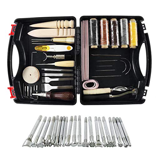 WHDZ 52pcs Leather Sewing Tools Kit DIY Leather Craft Tools Hand Stitching Tool Set, Prong Punch, Leather Stamping Tools, Wax Ropes Needles for Stitching Punching Cutting Sewing DIY Leather Craft Work WHDZ 52pcs Leather Sewing Tools Kit DIY Leather Craft Tools Hand Stitching Tool Set, Prong Punch, Leather Stamping Tools, Wax Ropes Needles for Stitching Punching Cutting Sewing DIY Leather Craft Work