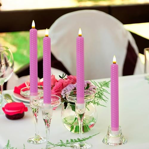 Image of Beeswax Honeycomb Flameless LED Taper Candles, 9.5 Inch Flickering Wax Candles with Remote & Timer, Pink Battery Operated Dripless Tapered Candle for Home Wedding Decor, 4 Pack
