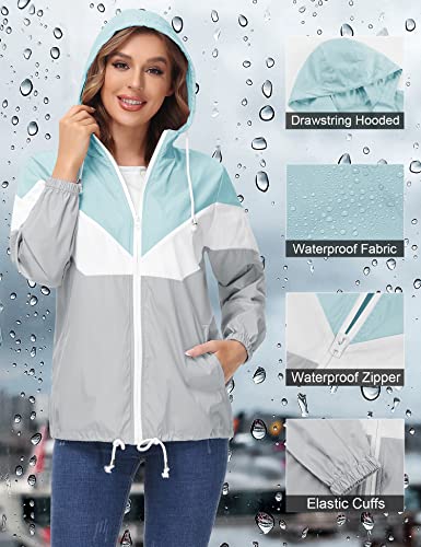 Avoogue Raincoats For Women Lightweight Packable Waterproof Windbreaker Outdoor Color Block Hooded Rain Jackets For Travel Outdoor Sports,Mint Green And Grey #TOP2