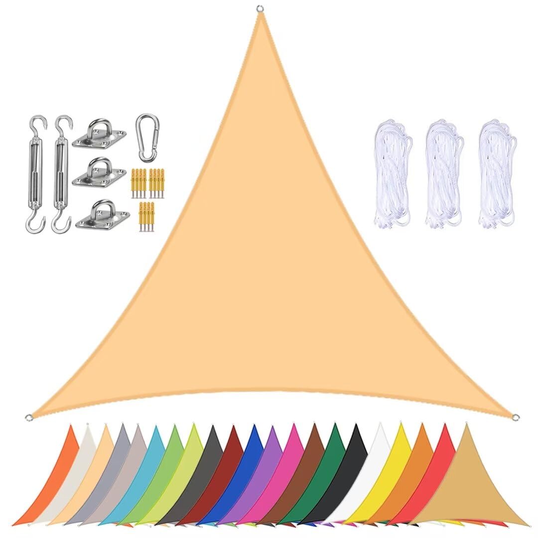 Voile d'ombrage triangulaire beige 5x5x5 m avec fixations inox et protection UV