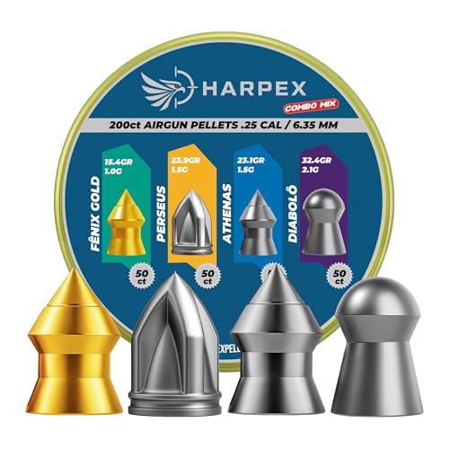 Harpex .25 Cal Airgun Pellets Combo Mix — 4 Styles in One Tin, Fenix Gold, Athenas, Perseus, Diabolo - Designed for for Maximum Impact & Deep Penetration – 200 Count