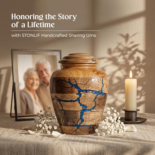 Image of Wooden Cremation Urns for Human Ashes - 80 Cubic Inches Funeral Memorial Urn for Adult Women & Men - Blue Decorative, Burial Urn for Male or Female Memorial Display