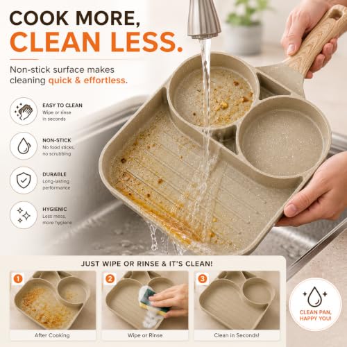 Image of 3 Cup Egg Frying Pan, Non Stick Granite Omelette Pan, 3 Hole Breakfast Fry Pan, Multi Section Egg Cooker, Induction Compatible Pancake Pan, Kitchen Cookware with Wooden Handle (White)
