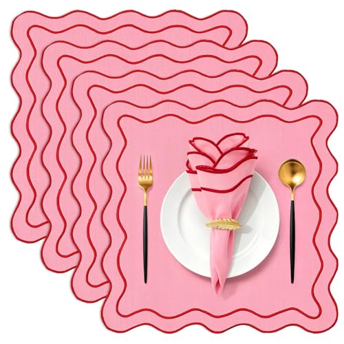 Whaline Pink Red Cloth Napkins Embroidered Scalloped Washable Reusable Cotton Dinner Napkins for Dining Wedding Anniversary Birthday Party Table Decor, Set of 4, 18 x 18 Inch by Whaline - Used condition - US$19.39