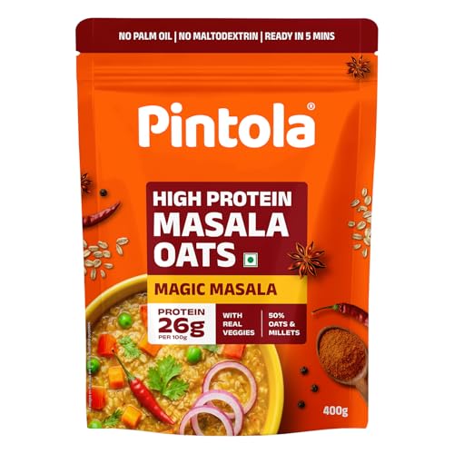 Image of Pintola 26g High Protein Masala Oats 400g, Magic Masala, Breakfast Cereal with High Fiber & Veggies, No Palm Oil, No Preservatives, 5 min Healthy Snack, Helps Manage Weight, Gym Endurance & Gut Friendly