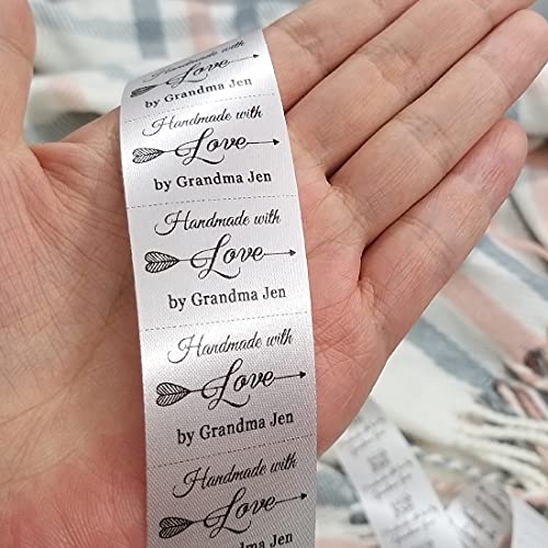 100pcs Custom Iron on Labels Personalized Fabric Label Clothing Tags Flat Label Handmade with Love Arrow Design White Silky Satin Name Label2