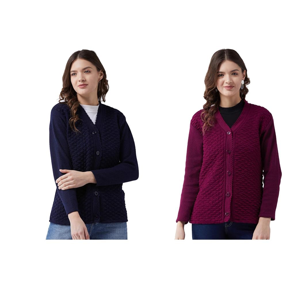 pivl Women's Blended V-Neck Cardigan Sweater (PV502_Navy Self Design V Neck Casual Women Sweater/Cardigan for Winter (XXL, Move)-picture-25