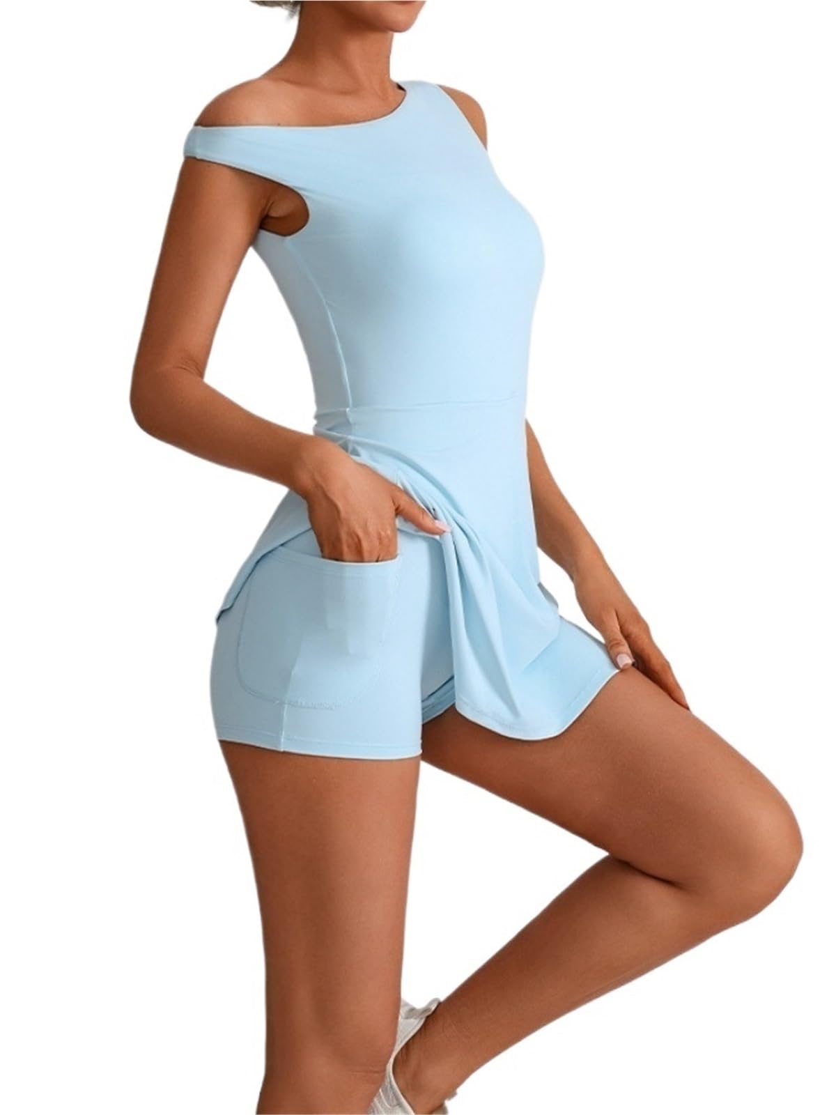Vestido de Tenis con Bolsillo Interior, Traje Corto, Hombros Descubiertos, Liso, sin Mangas, Vestidos Deportivos