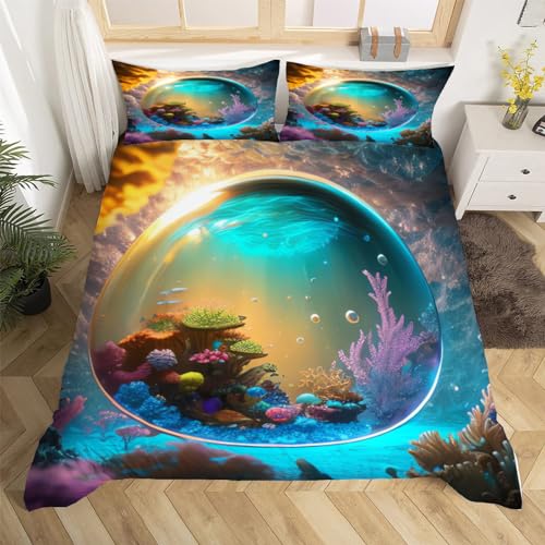 Funda Nórdica Cama 135/150 Mundo Submarino 3D, Ropa de Cama Cremallera Microfibra Coralina Juego de Cama Funda de Edredón 220x240 cm y 2 Funda de Almohada