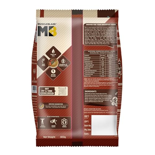 Image of MuscleBlaze High Protein Oats, Blue Tokai Cafe Mocha, 400g | 26g Protein | Breakfast Cereals for Weight Management