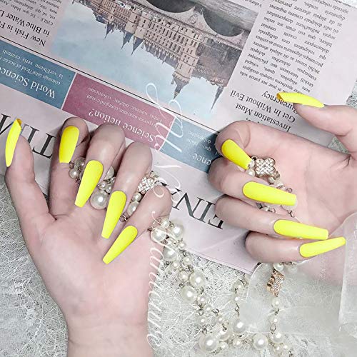 Sethexy Mate Bailarina Color sólido Largo Uñas falsas Ataúd 20 piezas Cobertura total Salón Acrílico Consejos De Arte De Uñas Para mujeres y niñas (Amarillo) Cover