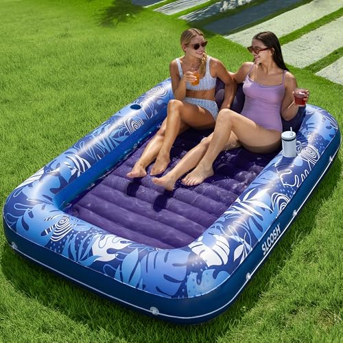 SLOOSH Inflatable Tanning Pool Lounger Float, 85" x 57" Extra Large Pool Floats Adult with Pillow, 4 in 1 Suntan Tub Raft Floatie,Sunbathing Bed Lounge for Water Blow Up Ball Pit, XL-Dark Blue