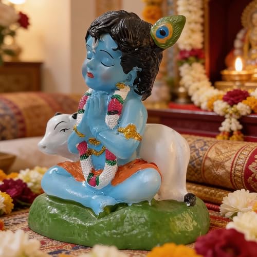 Image of Premium Bal Krishna Resin Idol for Car Dashboard, Home Temple & Office (7 x 6.5 x 4.5 cm) | Handcrafted Laddu Gopal Murti Showpiece for Vastu, Peace & Protection (Color: Blue)