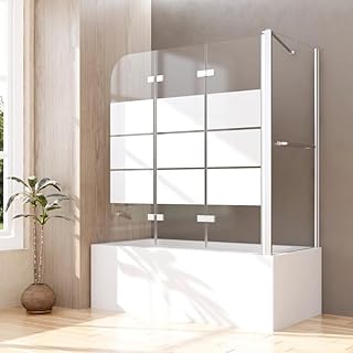 Duschwand für Badewanne mit Seitenwand 70x120x140cm 3-teilig Faltbar Badewannenaufsatz, Gestreift Glas Duschabtrennung aus 6mm ESG Sicherheitsglas, 70+120cm Badewannenfaltwand Duschtrennwand