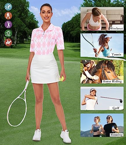 Misyula Short Sleeve Zip Up Workout Tops For Women,Sun Protection Moisture Wicking Polo V Neck Golf Shirts Quick Dry Lightweight Tennis Running Hiking Cycling Sporty Outfits Pink-Plaid M #TOP5