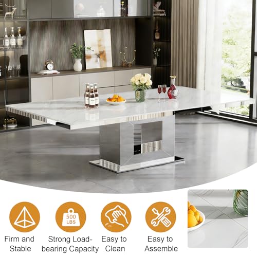 Image of 94 in Large Extendable Dining Table for 6 8 10, White Marble Pattern Top & Silver Mirrored Base, 3 Position Expansion 63 inch to 94 inch, Modern Luxury Expandable Dining Room Table for Dinner Family Gathering