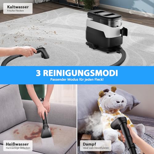 Sealong Dampfreiniger 1650W, Nasssauger mit 1250ML Wassertank, Waschsauger Teppichreiniger mit Hochtemperaturdampf für Teppich, Sofa, Vorhänge, Polster, Autositz, 12 kPa - Schwarz