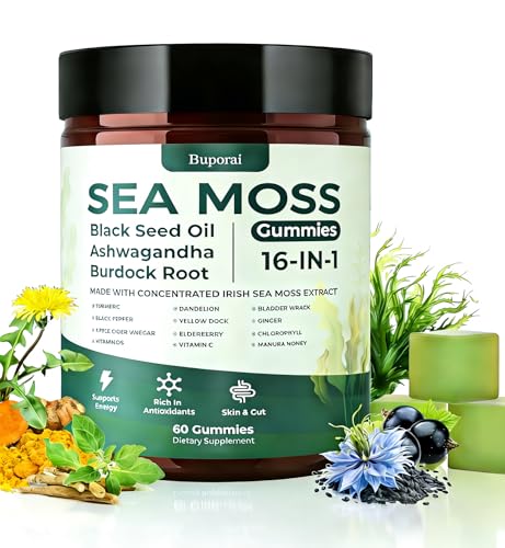 Buporai Sea Moss Gummies 16-1 Black Seed Oil Ashwagandha Turmeric Bladder Wrack Vitamin C Vitamin D3 Elderberry Manuka Dandelion Yellow Dock Apple Cider Vinegar for Men & Women