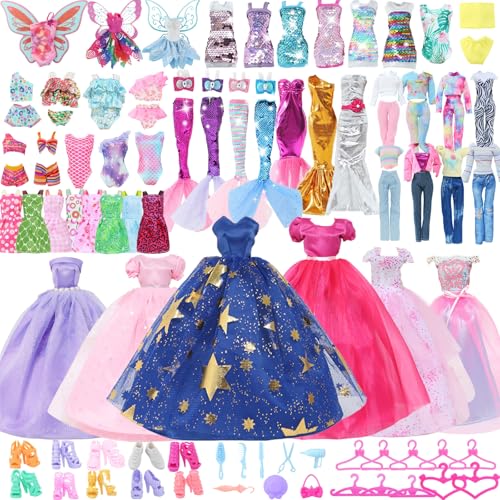 60pcs Doll Clothes and Accessories Fashion Dress Wedding Gowns Daily Tops Pants Outfits Jumpsuit Swimsuits Bikini 10 Mini Dresses Skirts Shoes Hangers Dollhouse Accessories for 11.5 inch Girl Doll