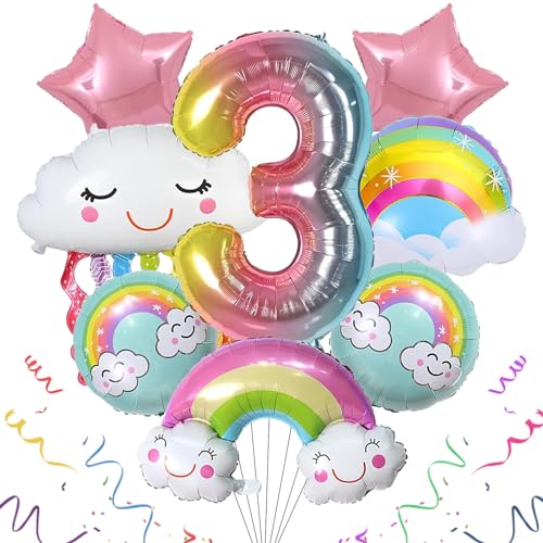 Rainbow Foil Balloon, SPHERETRON Pack of 8 Rainbow Birthday Decoration Foil Balloon, Rainbow Foil Balloon Set with Foil Balloon 3, Clouds Decoration, Stars Decoration, Birthday Decoration 3 Years