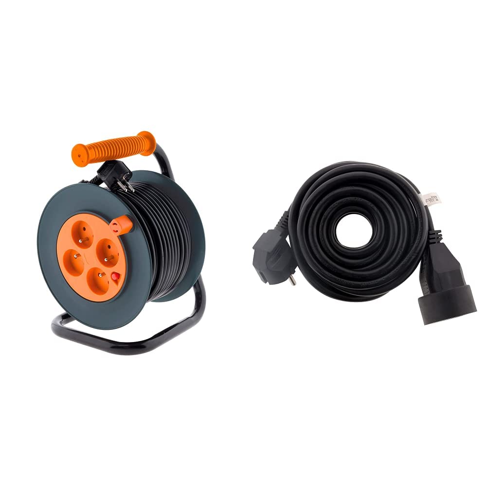 Enrouleur 4 prises HO5VV-F 3G1mm² 25m + coupe-circuit - Zenitech & Prolongateur 16A 2P+T HO5VV-F 3G1,5mm² Noir 5m