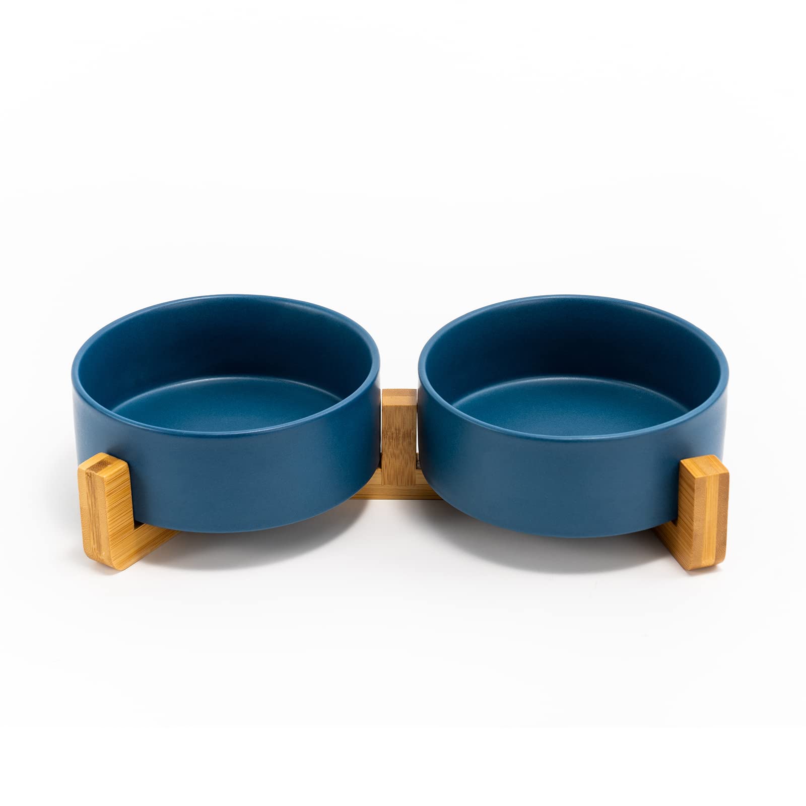 Ceramic Dog and Cat Bowl Set with Wooden Stand, Modern Cute Weighted Food Water Set for Small Size Dogs (13.5OZ ) & Medium Sized Dogs (28.7OZ) & Cats (1.7 Cups, 2 × Blue)