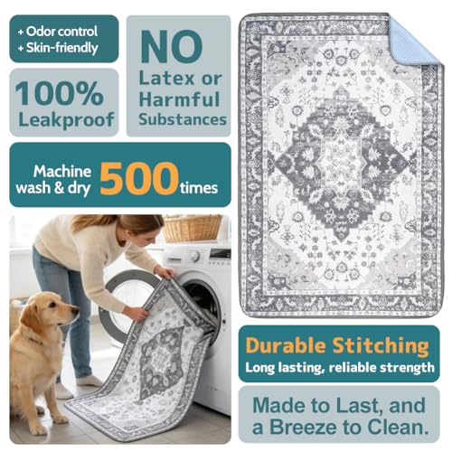 Image of Washable Pee Pads for Dogs, 2 Pack Reusable Puppy Training Pads 40 inchx26 inch Super Absorbent Waterproof Dog Training Pads, Non-Slip Potty Pads, Whelping Pads Litter Mat Light Grey Medallion
