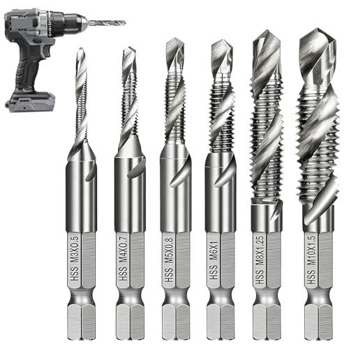 6Pcs Forets Taraudeurs Combinés M3 M4 M5 M6 M8 M10, Tige Hexagonale 6 mm, Revêtement Antirouille, Outil 2-en-1 pour Perçage et Taraudage Simultané, Kit...