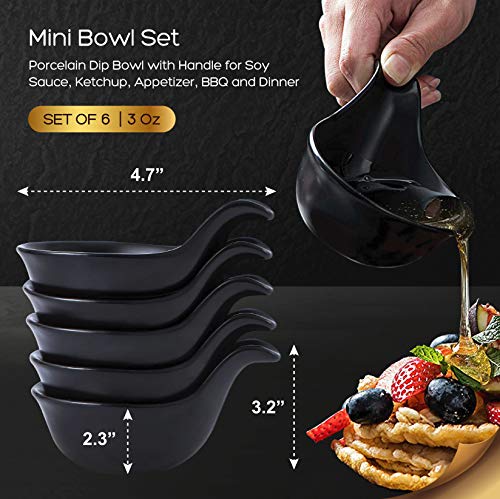 Bruntmor Matte Glazed Set Of 6 Side Dish Porcelain Dip Bowl Set With Handle, For Soy Sauce, Ketchup, Appetizer, For Bbq And Dinner, 3 Ounce, Black #TOP2