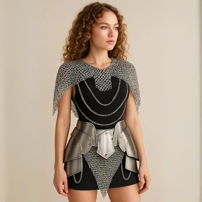 Medieval Lady Chainmail Armor with Tasset Belt – Female Knight Steel Chainmail Shoulder Mantle & Hip Armor for Cosplay, LARP & Halloween Costume