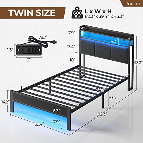 Rolanstar Bed Frame Twin Size With Charging Station And Led Lights, Upholstered Headboard With Storage Shelves, Heavy Duty Metal Slats, No Box Spring Needed, Noise Free, Easy Assembly, Dark Grey #TOP3