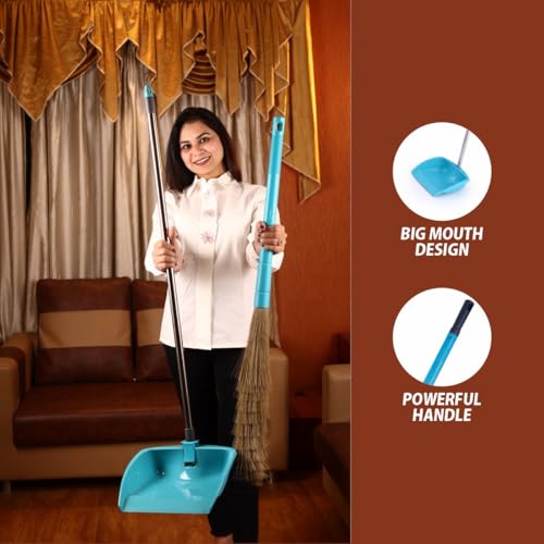 Image of Homeor Dustpan and Broom Set with Long Telescopic Handle for Dustpan & No-Dust Washable Broom, Dust Pan Set, Cleaning Combo Set, 2 Piece Set, Blue