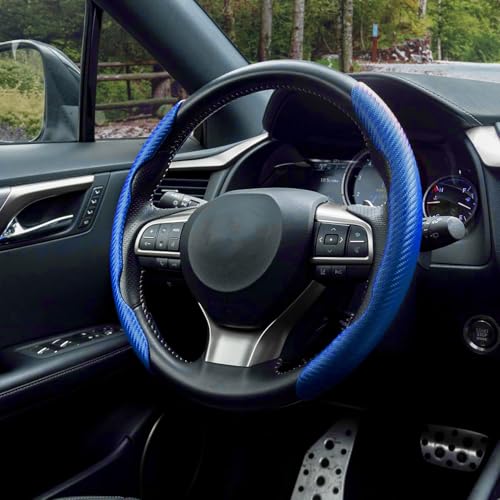 Image of Amiss 2pcs Carbon Fiber Anti-Skid Steering Wheel Cover, Waterproof & Segmented Butterfly Design, Universal 99% Vehicle Wheel Cover Protector, Car Interior Accessories (Blue-2pcs)