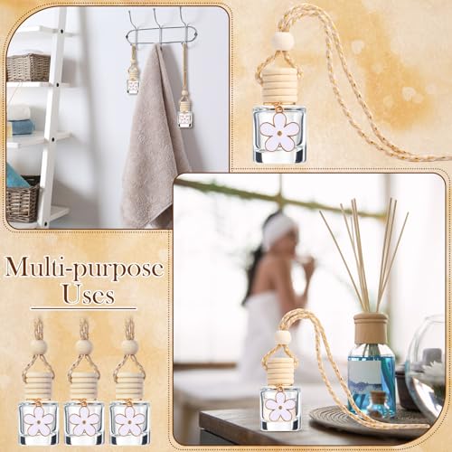 Image of 10 Pieces 8ml Hanging Car Air Freshener Diffuser with Daisy Flower Pendant Empty Glass Perfume Bottle Perfume Refillable Essential Oil Aromatherapy Vials with Wooden Caps Hanging String
