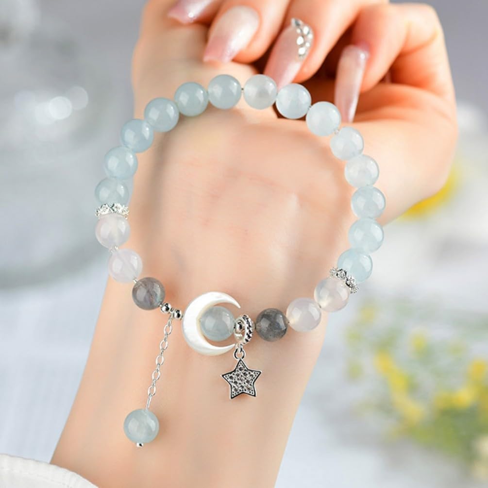 DorkTees (C762海蓝玉星月手链) 天然水晶海蓝玉灰月光石星月 Fengshui Jade Bracelet Lucky Charm 手链原创清新时尚女学生手串礼物
