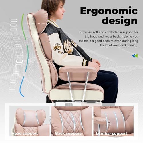 COMHOMA Big and Tall Office Chair, High Back Leather Gaming Chair with Footrest, Executive Ergonomic Office Chairs with Pocket Spring Lumbar Support and with Outward Fixed Soft Armrests