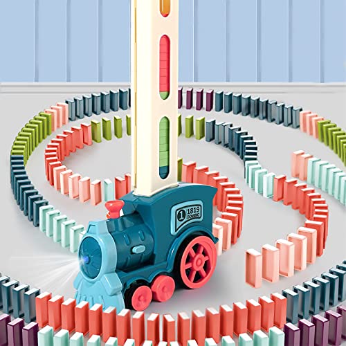 Image of Prinlion Domino Train Toy Set, 60 Pcs Automatic Electric Domino Blocks Set Building and Stacking Toy for Kids Games, Age 3+, Blue, 60 Dominoes