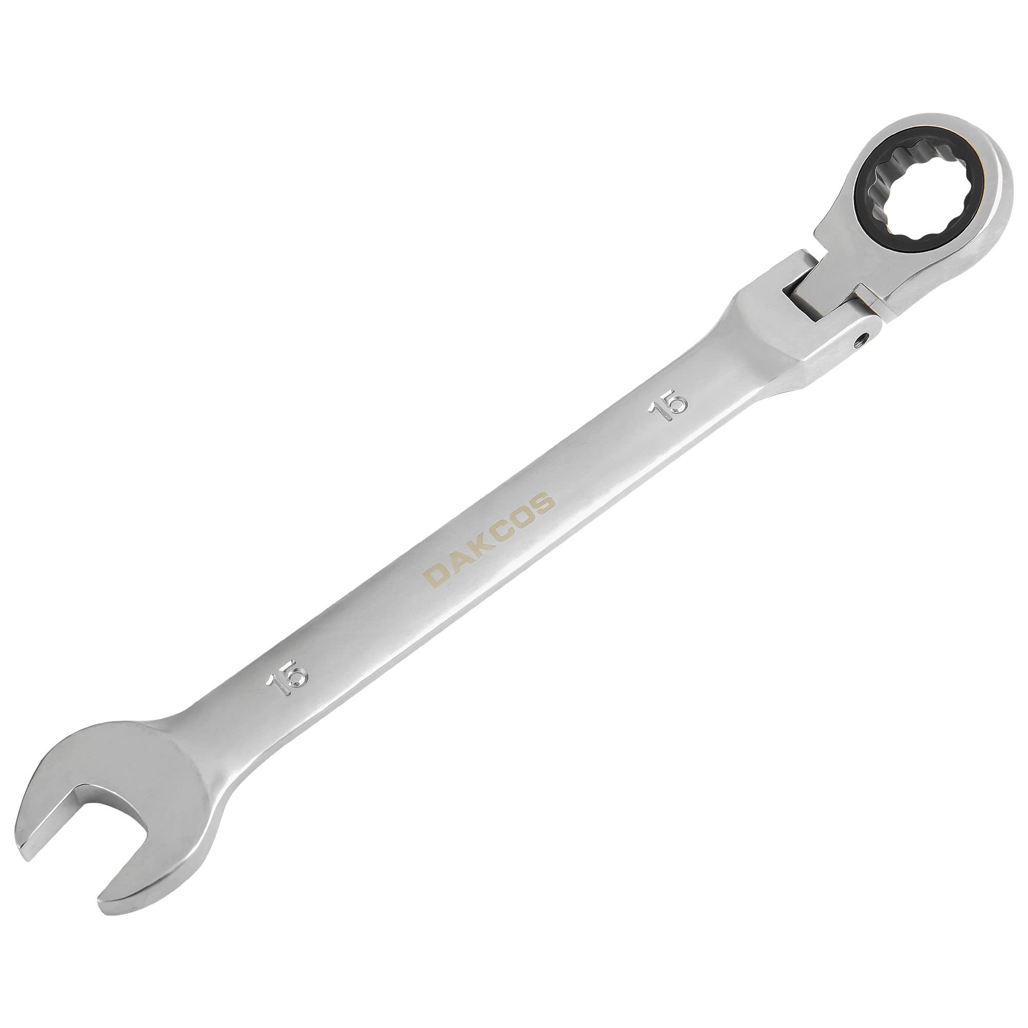 Dakcos Chrome (Matted) 15Mm Flexible Head Spanner Dual Heads Ratchet Combination Wrench Spanner Chrome Vanadium Steel