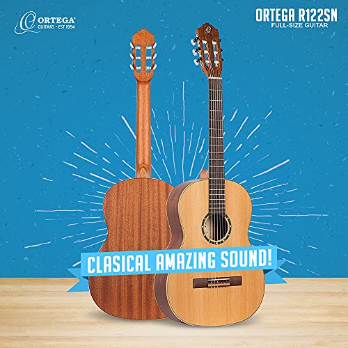Ortega R122Sn Full-Size Classical Guitar (Natural) Cedar Top, Mahogany Neck, Satin Finish, With Bag, Strings, Capo, Picks, And Essential Accessories #TOP3