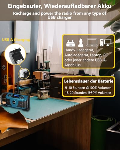 UEME DAB Plus Radio Baustellenradio Mit Akku, Outdoor Radio Mit Bluetooth 5.0, DAB+, FM Und Aux, Robustes Gehäuse, Spritzwassergeschützt, inkl. DC Netzkabel (Blau)
