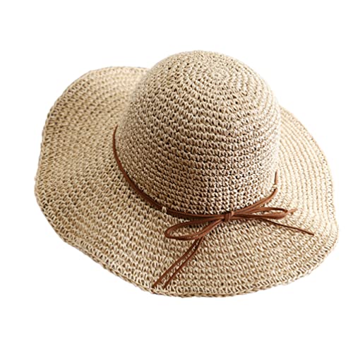 TOPOQ Chapeau de paille à large bord pour femme - Chapeau de paille pliable - Chapeau de plage - Protection UV - Chapeau élégant - Chapeau de fête avec nœud - Respirant, Bord rond beige, taille unique Cover