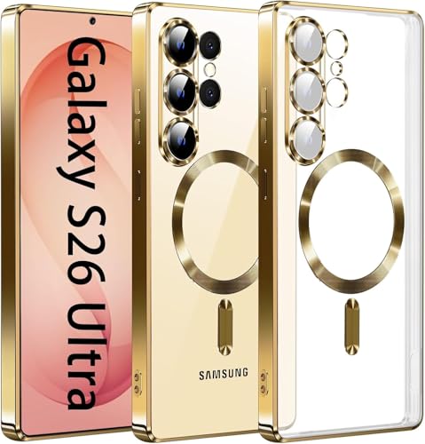 Image of VONZEE Clear Logo Electroplating Transparent Case for Samsung Galaxy S26 Ultra 5G, Magnetic Plating [Support for MagSafe Charger] Electroplate TPU Cover- Gold