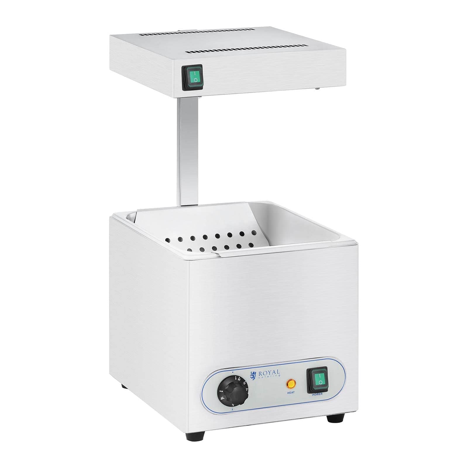 Royal Catering RCWG-1500 Calentador de Patatas Fritas con Lámpara (850 Watt, Calor inferior y superior, Rango de temperatura 30-90 °C, Acero inoxidable, Termostato)