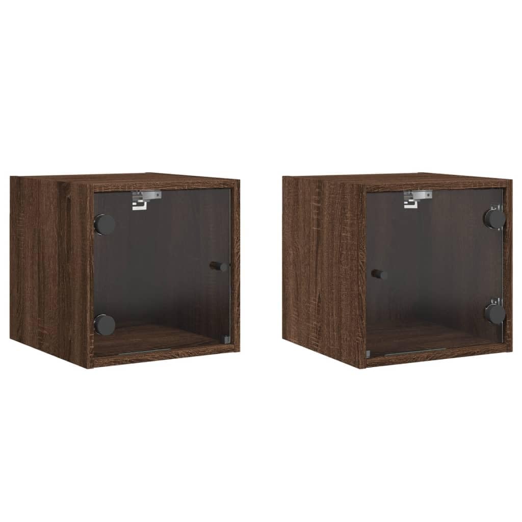 Mesillas de noche con puertas de cristal, 2 unidades, aspecto de roble marrón, 35 x 37 x 35 cm, mesita de noche para dormitorio, mesa auxiliar moderna para salón, dormitorio, estudio