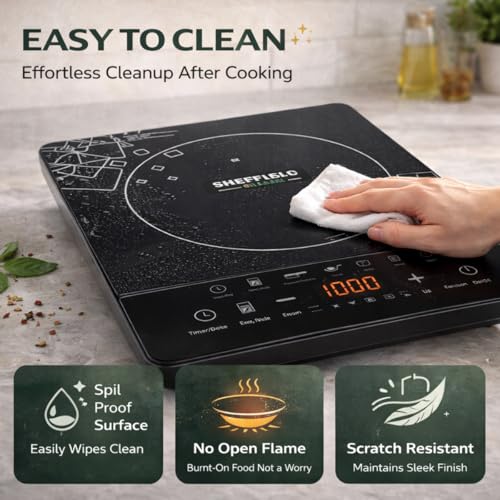 Image of SHEFFIELD CLASSIC 1600W Induction Cooktop with Touch Control | 6 Smart Preset Menus Portable Electric Stove | Energy Efficient Cooktop with Digital Display & Auto Shut-Off (Black)