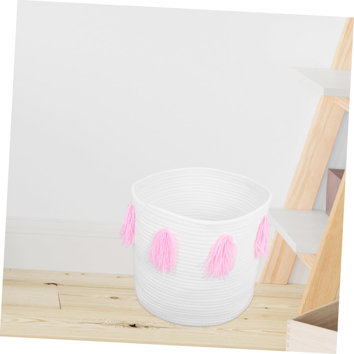 Cestino Portaoggetti Artigianale in Corda di Cotone Rosa | Nappine Decorative, per Casa e Hotel, Adatto a Rossetti e Accessori Bebé
